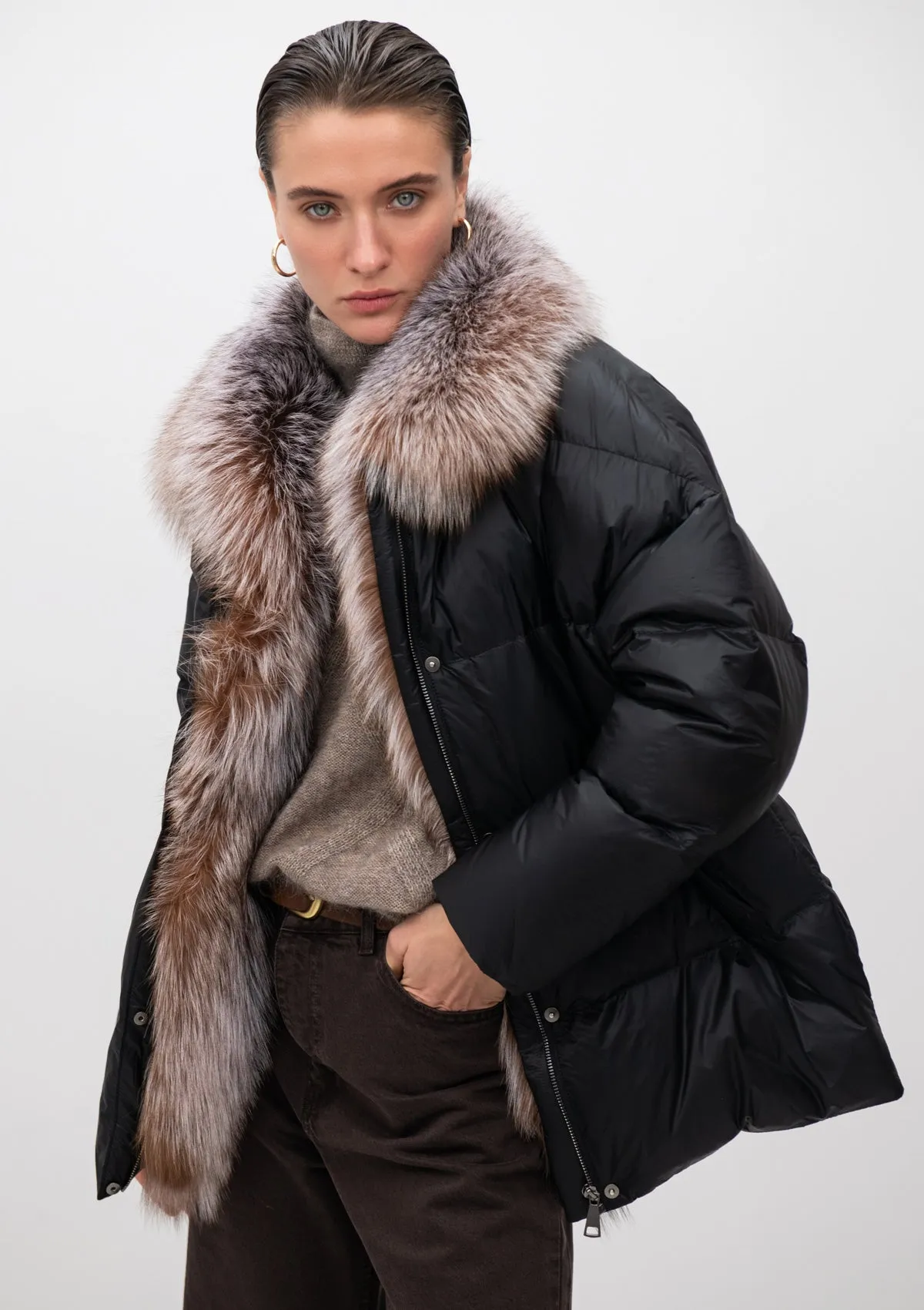 Pre-Order. Re-Stock November, 2024. Astrid Genuine Silver Fox Fur Down Fill Coat