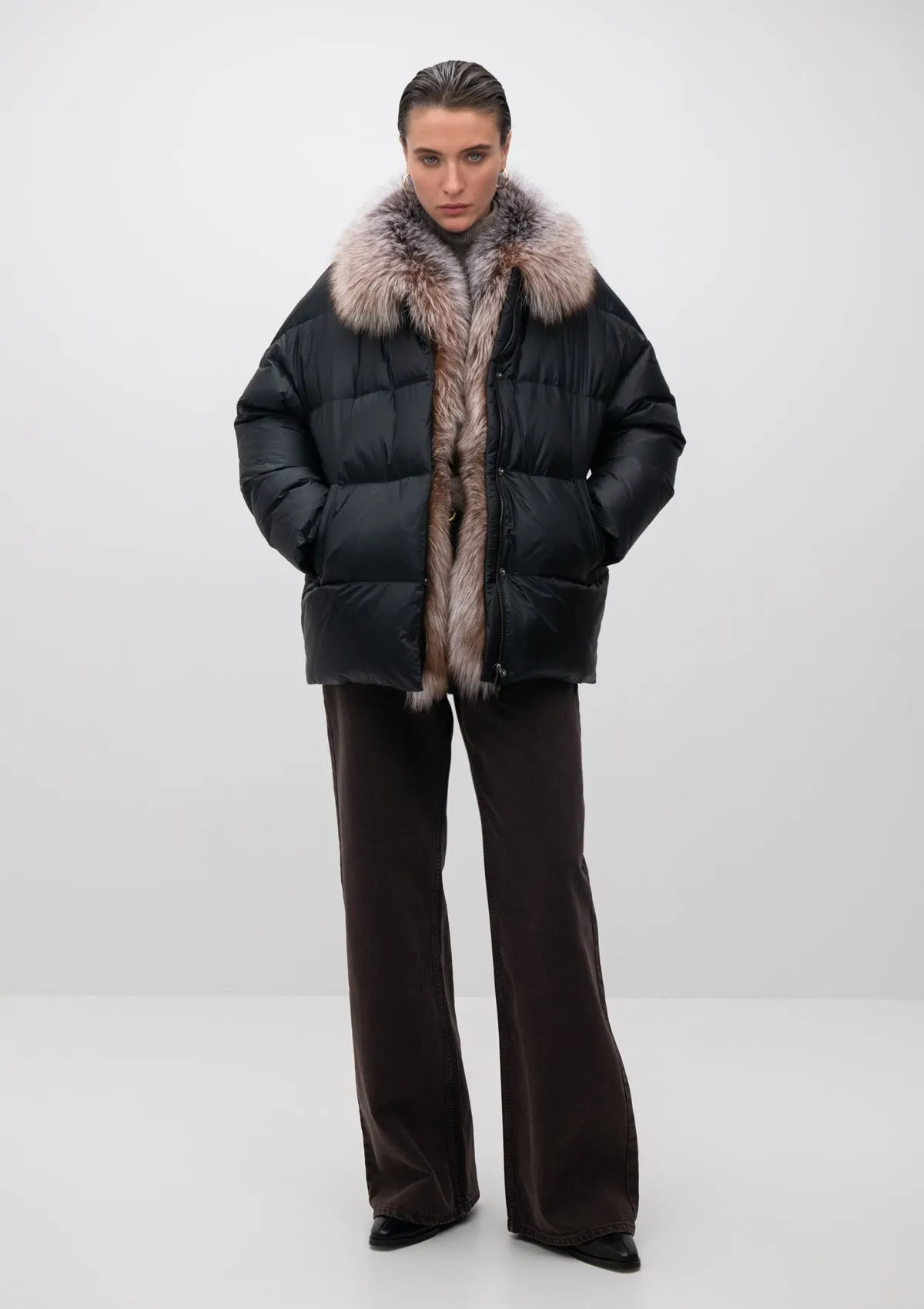 Pre-Order. Re-Stock November, 2024. Astrid Genuine Silver Fox Fur Down Fill Coat