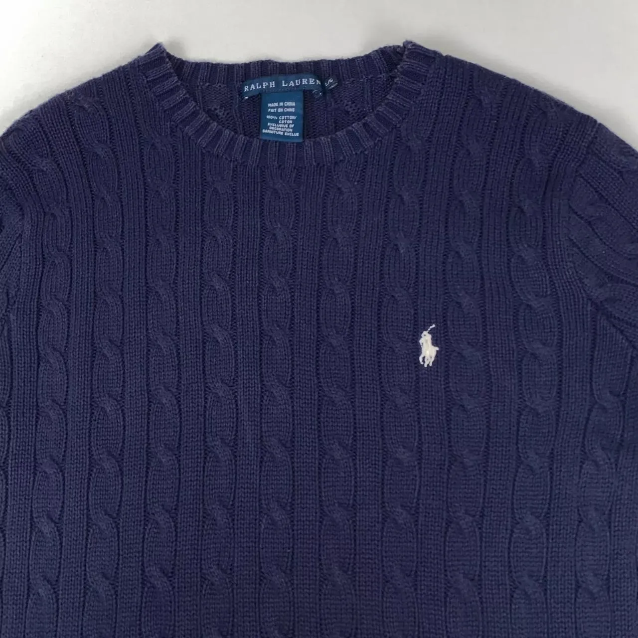 Preowned Ralph Lauren Womens Cable-Knit Jumper Size L Navy Crewneck Sweater Logo Pullover