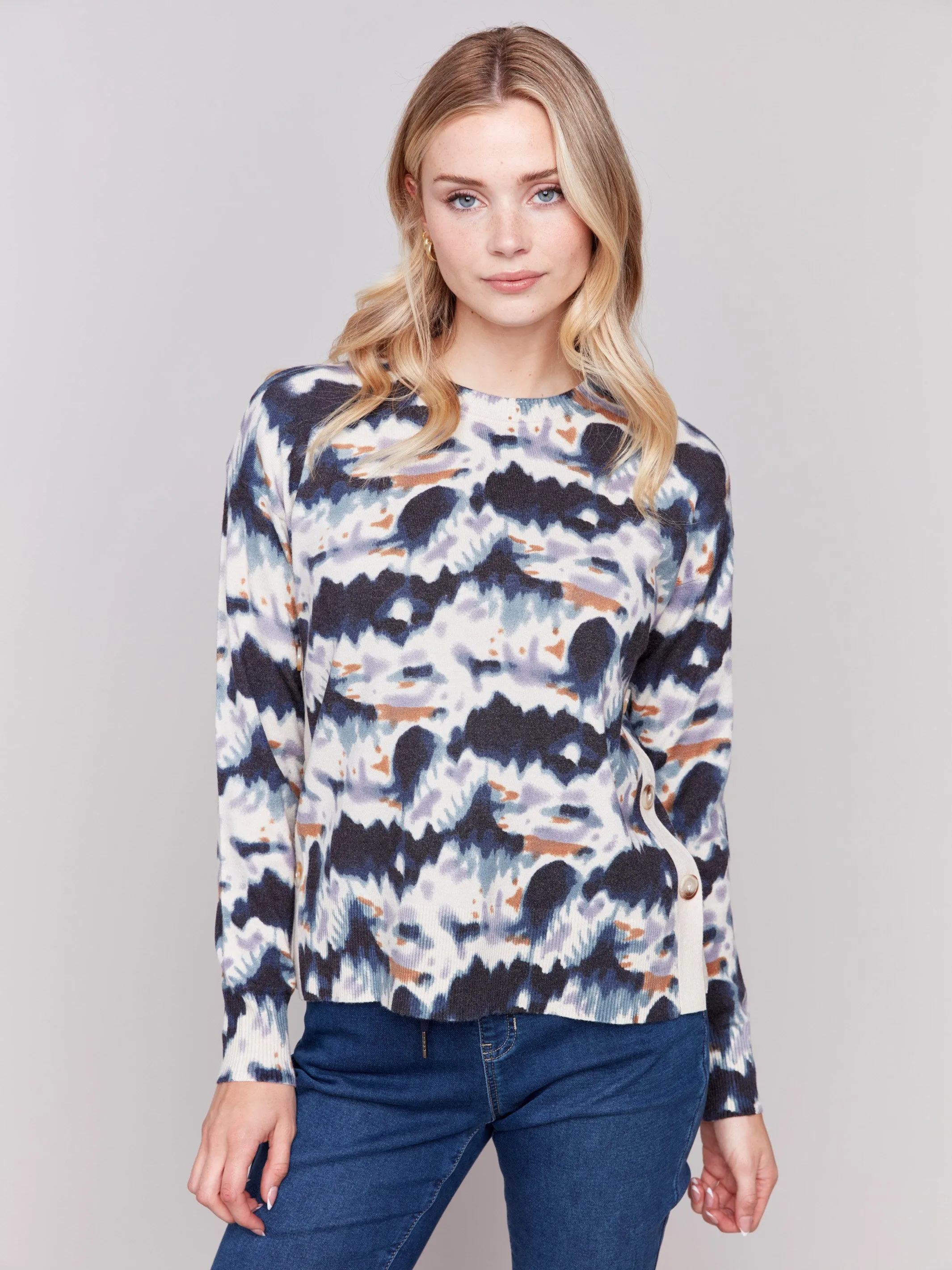 Printed Sweater with Side Buttons - Tie Dye