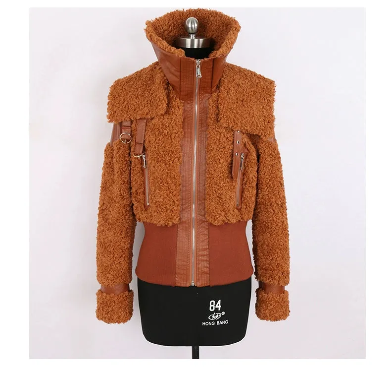 PU Leather Patchwork Faux Fur Fluffy Jacket