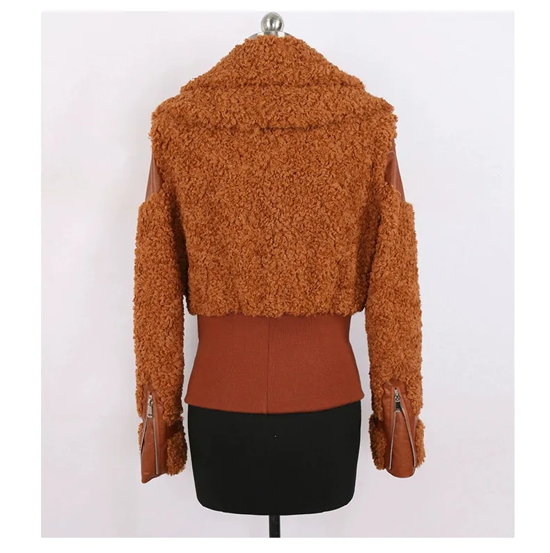 PU Leather Patchwork Faux Fur Fluffy Jacket