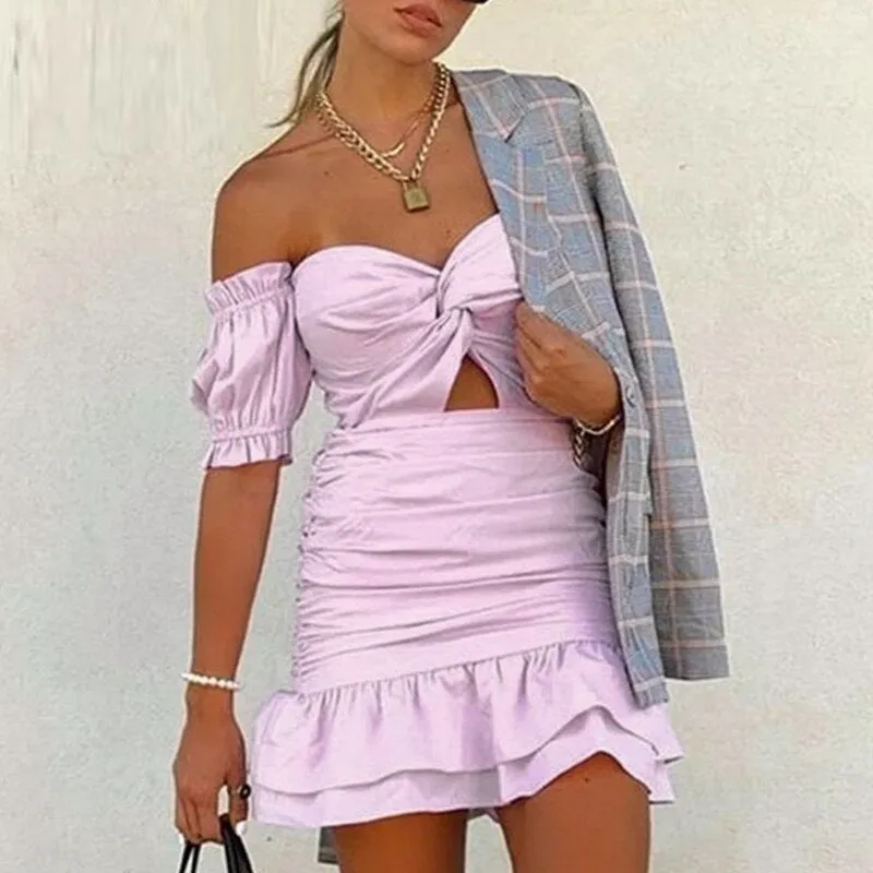 Puff Ruffles Vintage Solid Club Off Shoulder Bodycon Sexy Dress