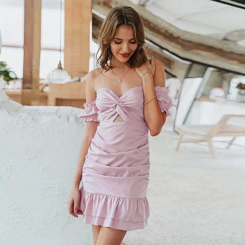 Puff Ruffles Vintage Solid Club Off Shoulder Bodycon Sexy Dress