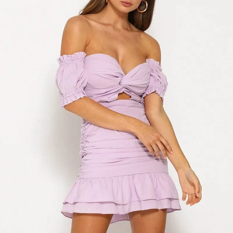 Puff Ruffles Vintage Solid Club Off Shoulder Bodycon Sexy Dress