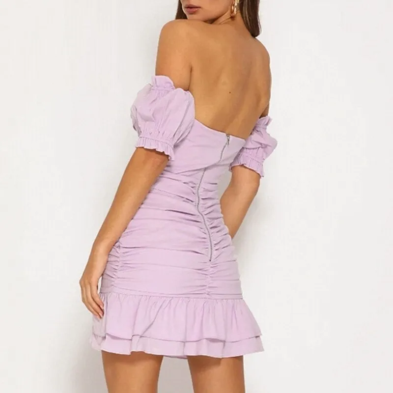 Puff Ruffles Vintage Solid Club Off Shoulder Bodycon Sexy Dress