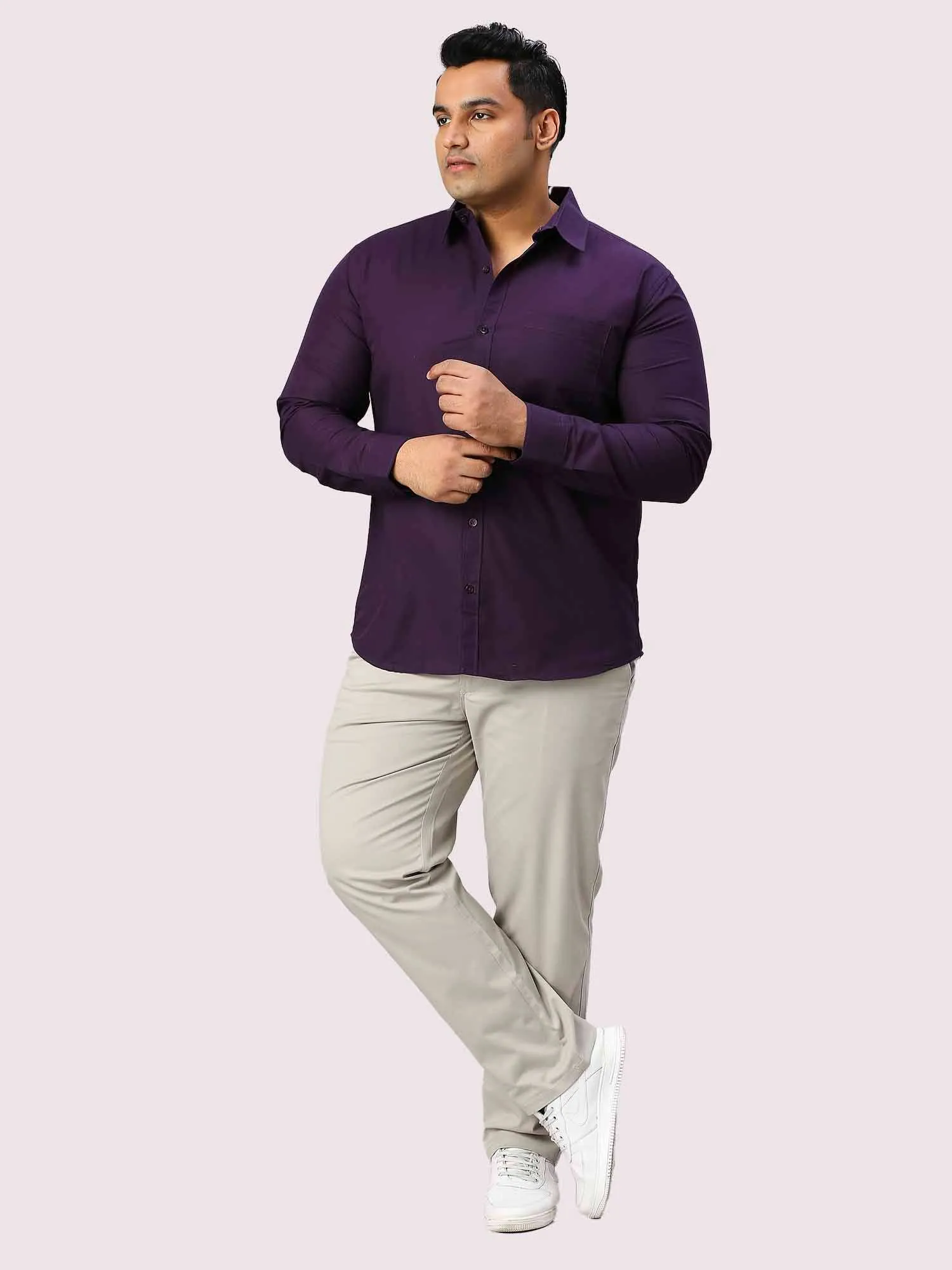 Purple Solid Pure Cotton Full Sleeve Shirt Men's Plus Size