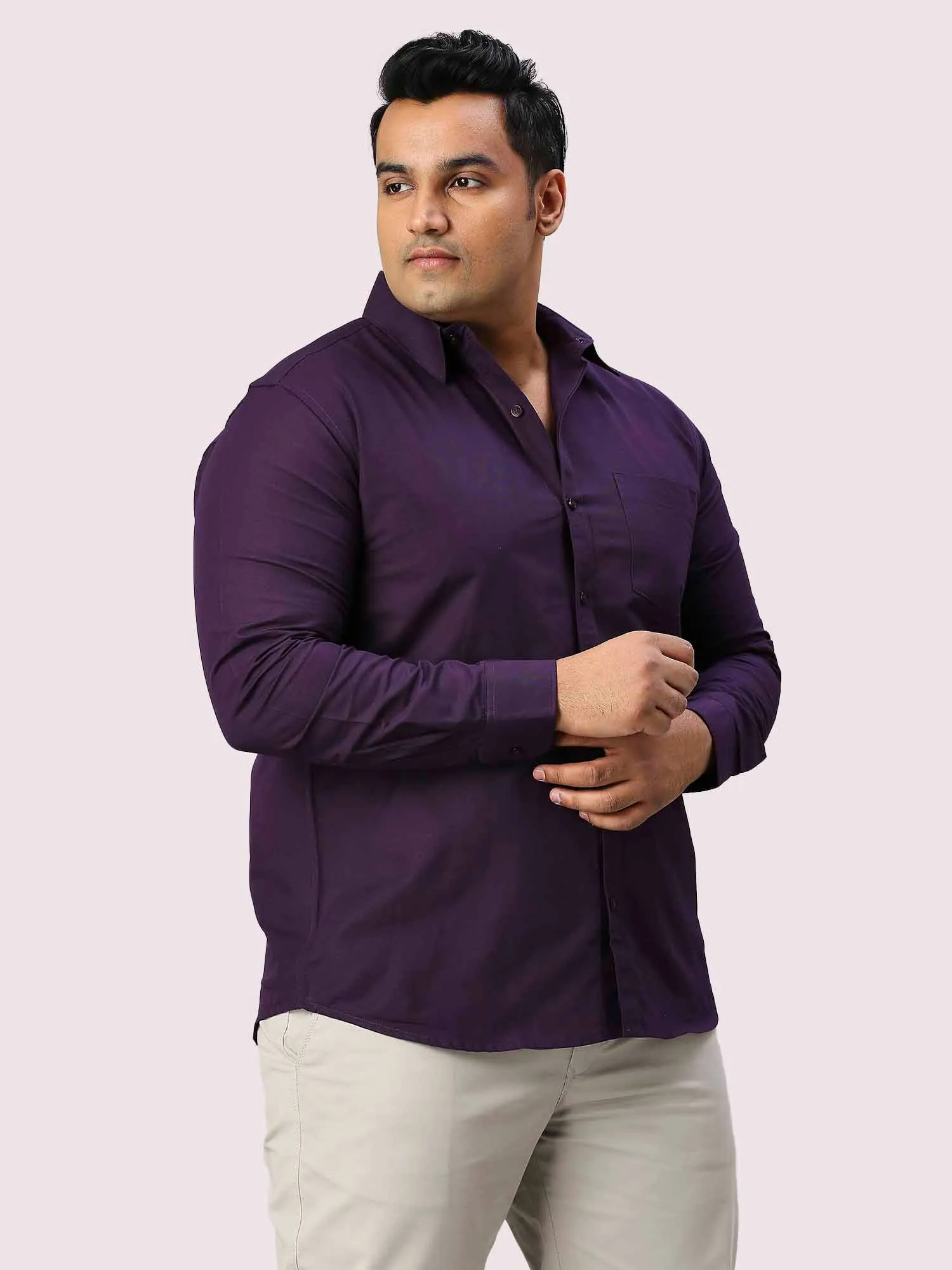 Purple Solid Pure Cotton Full Sleeve Shirt Men's Plus Size