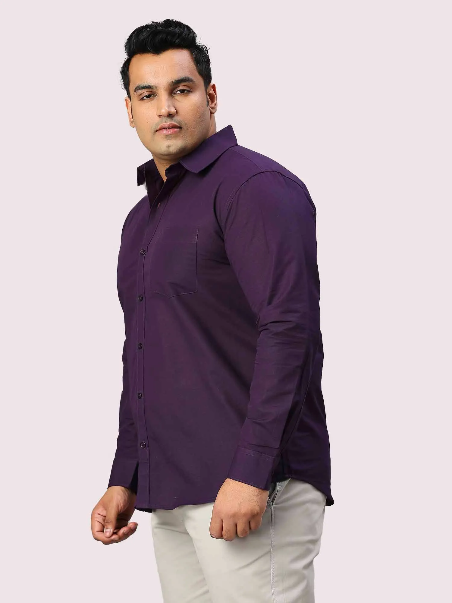 Purple Solid Pure Cotton Full Sleeve Shirt Men's Plus Size