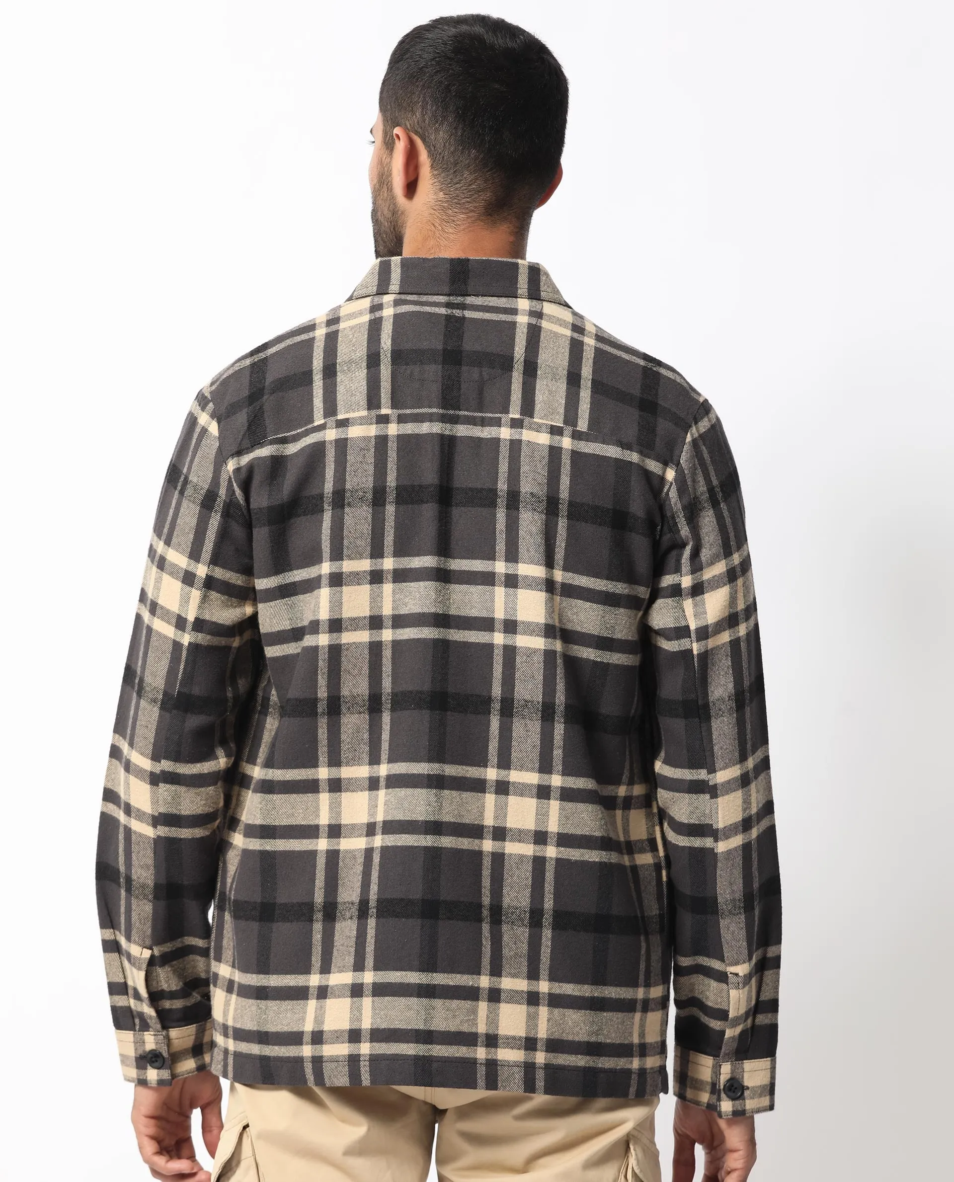 Rare Rabbit Men's Nero Dark Grey Cotton Fabric Full Sleeves Button Closure Checks Shacket