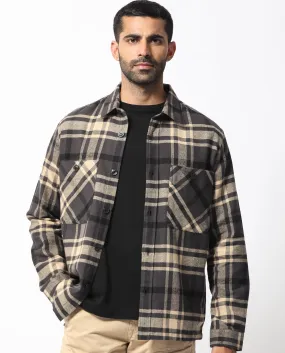 Rare Rabbit Men's Nero Dark Grey Cotton Fabric Full Sleeves Button Closure Checks Shacket