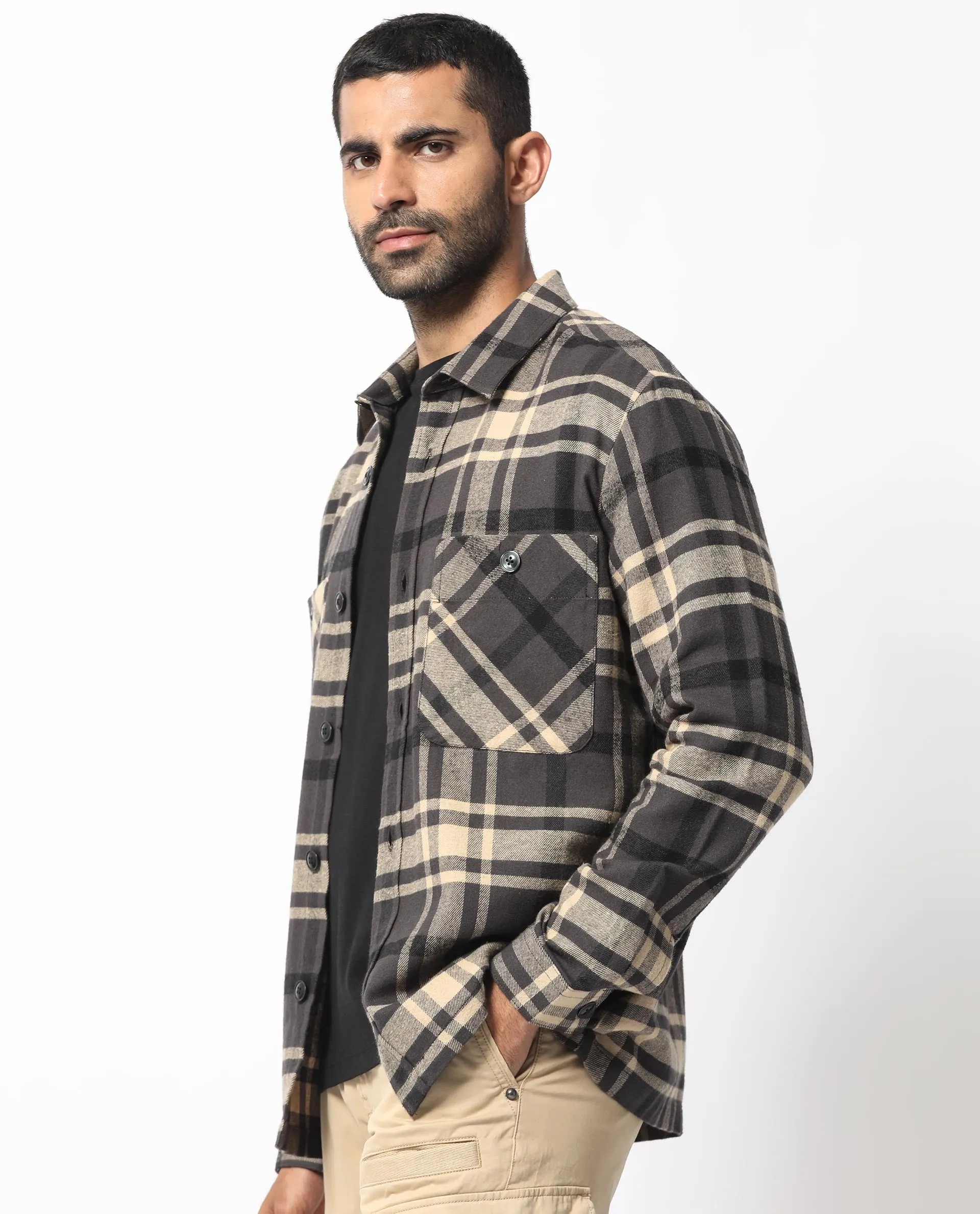 Rare Rabbit Men's Nero Dark Grey Cotton Fabric Full Sleeves Button Closure Checks Shacket