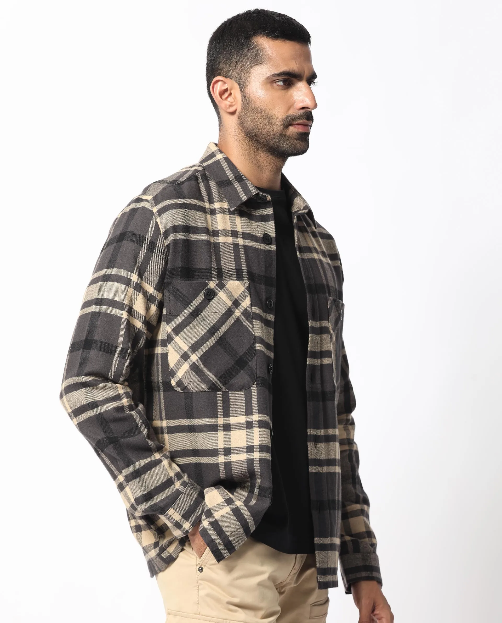 Rare Rabbit Men's Nero Dark Grey Cotton Fabric Full Sleeves Button Closure Checks Shacket