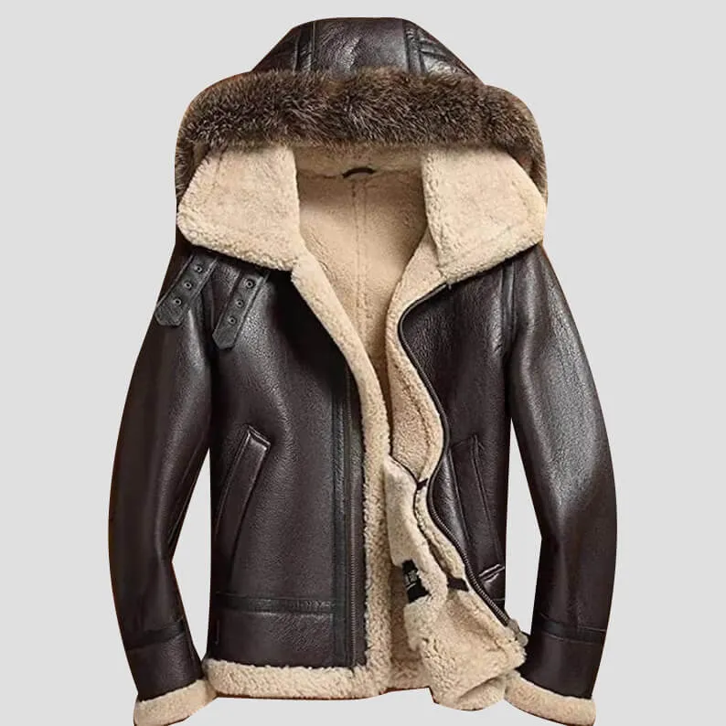 Real Sheepskin Leather B3 Bomber Jacket With Raccoon Hood