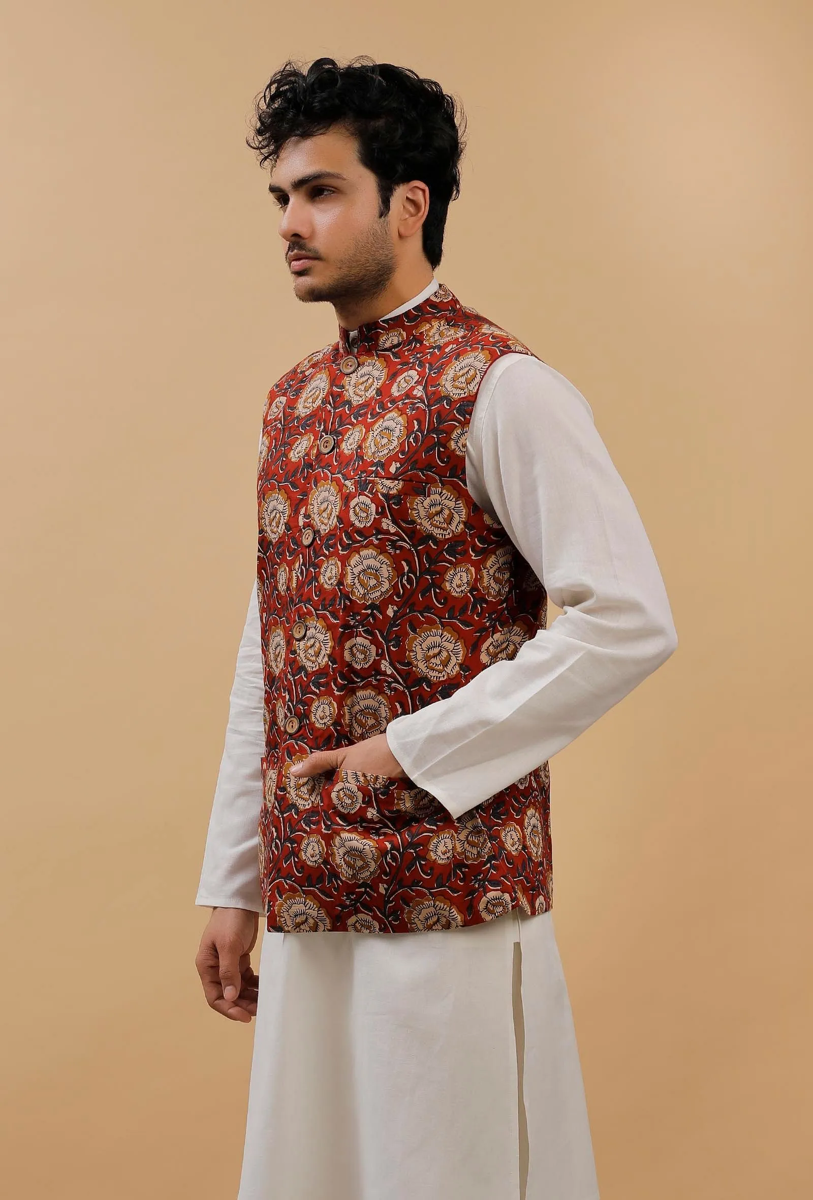 Red Floral Kalamkari Cotton Nehru Jacket