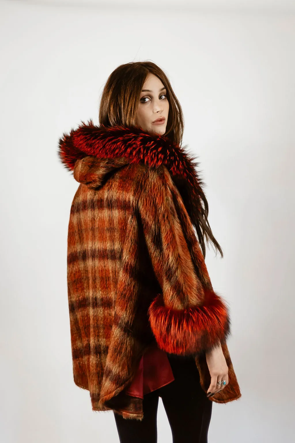 Red plaid alpaca hooded cape with dyed silver fox trim