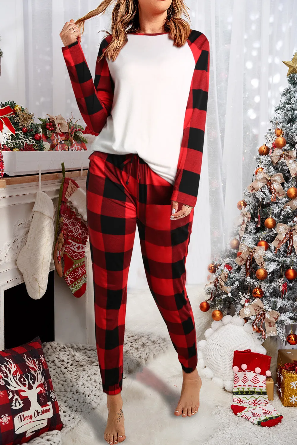 Red Plaid Raglan Sleeves Top and Drawstring Pants Lounge Set | Womens Check Pajamas| Warm Loungewear