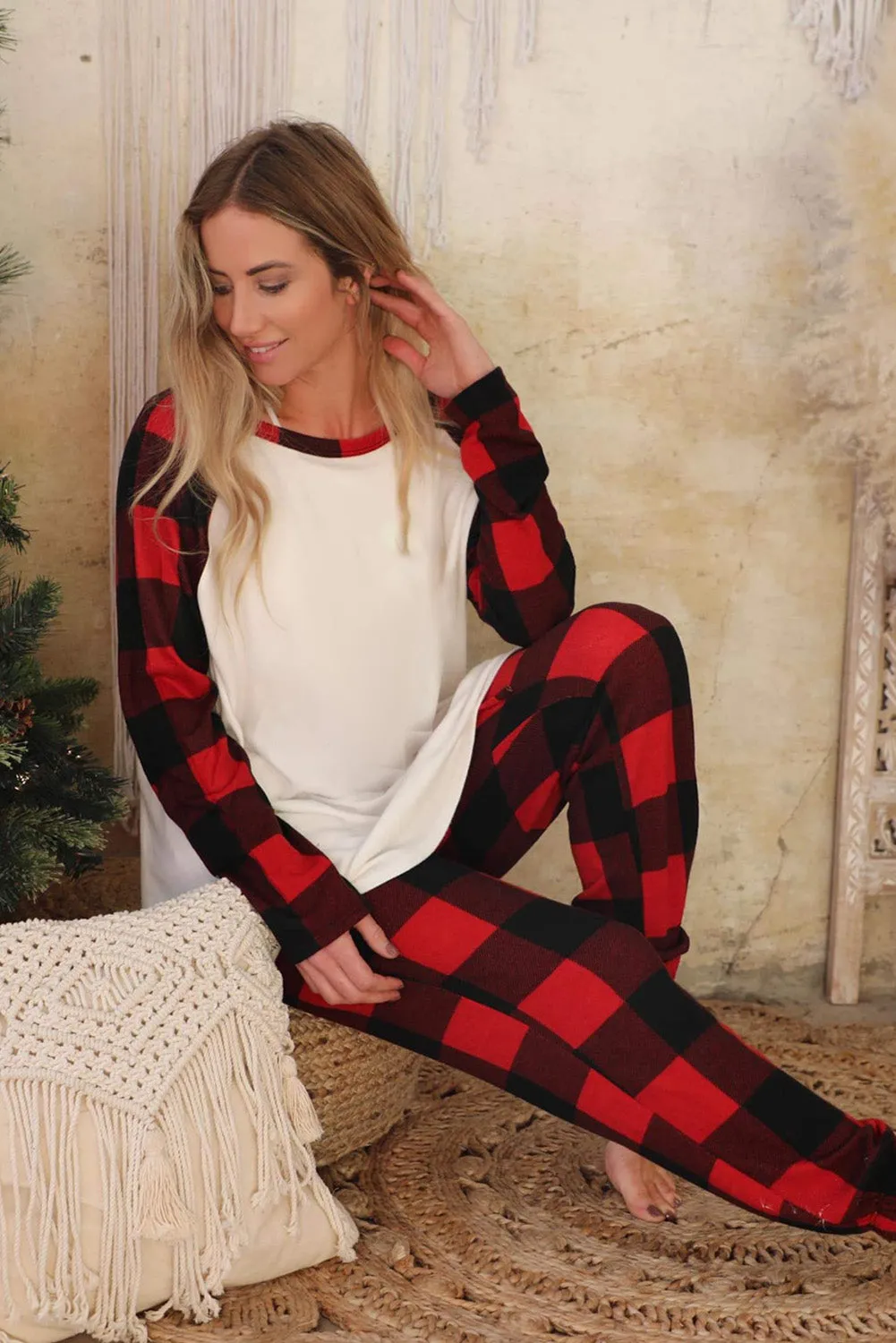 Red Plaid Raglan Sleeves Top and Drawstring Pants Lounge Set | Womens Check Pajamas| Warm Loungewear