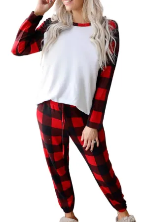 Red Plaid Raglan Sleeves Top and Drawstring Pants Lounge Set | Womens Check Pajamas| Warm Loungewear