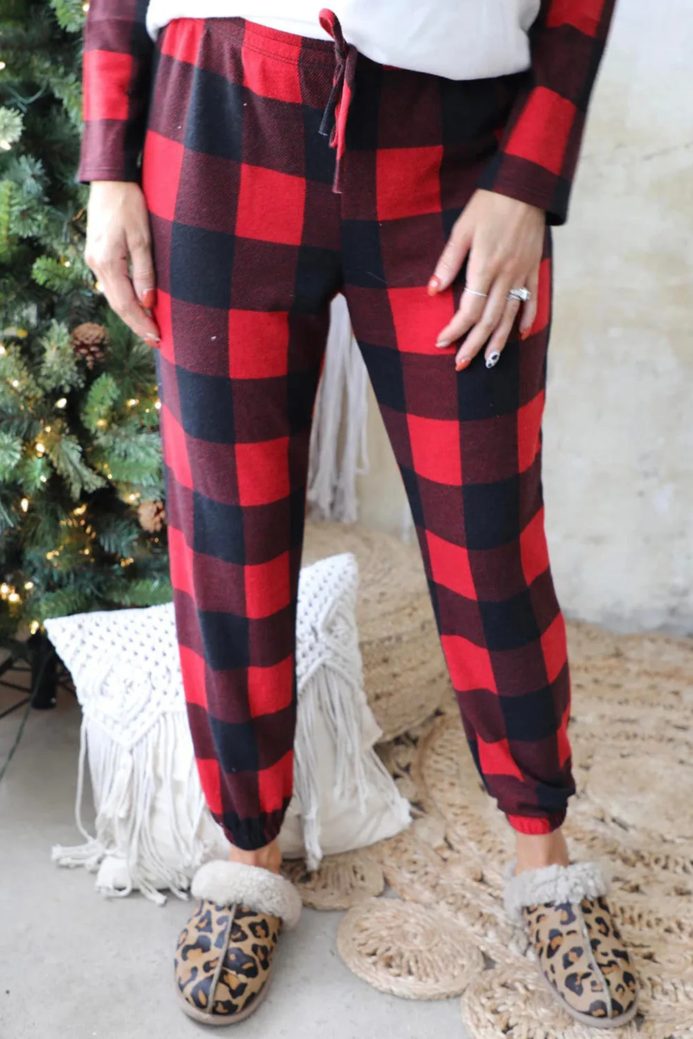 Red Plaid Raglan Sleeves Top and Drawstring Pants Lounge Set | Womens Check Pajamas| Warm Loungewear