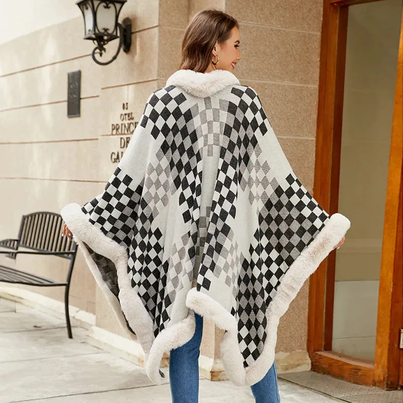 Rhombus Plaid Fur Collar Cape Coat For Women Cardigan Poncho