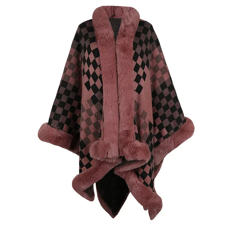 Rhombus Plaid Fur Collar Cape Coat For Women Cardigan Poncho