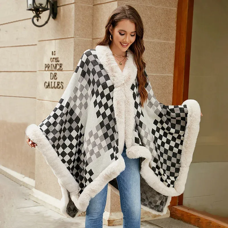 Rhombus Plaid Fur Collar Cape Coat For Women Cardigan Poncho