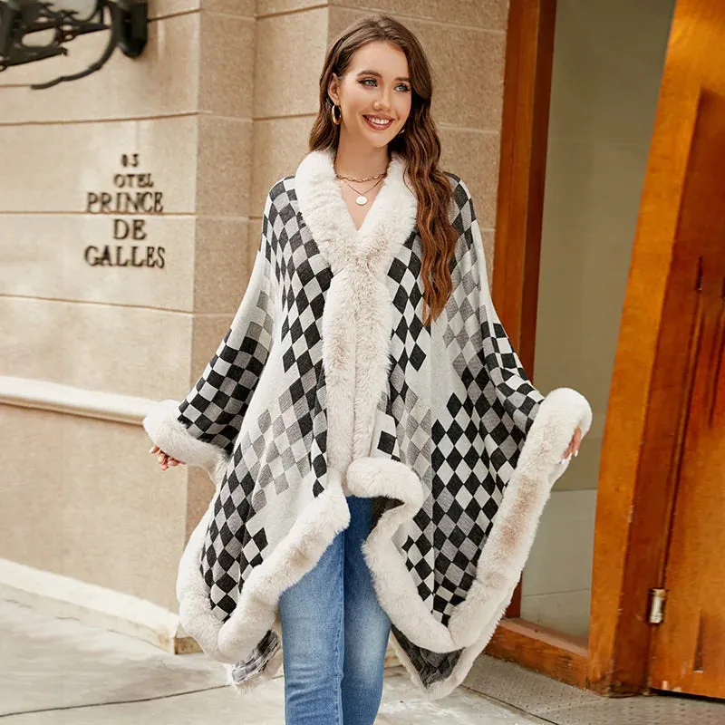 Rhombus Plaid Fur Collar Cape Coat For Women Cardigan Poncho