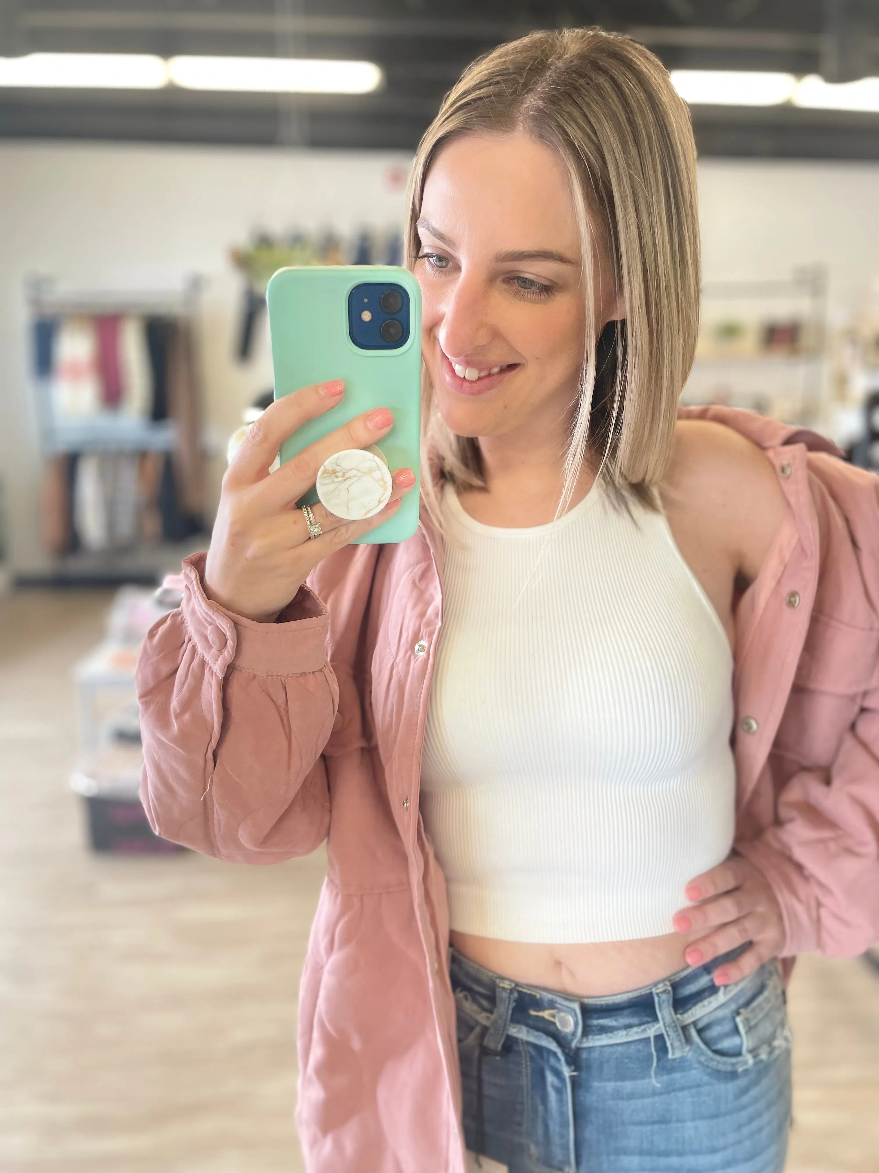 Ribbed High-Neck Cropped Tank in White