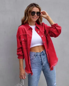 Ripped Fringe Jean Jacket - Red