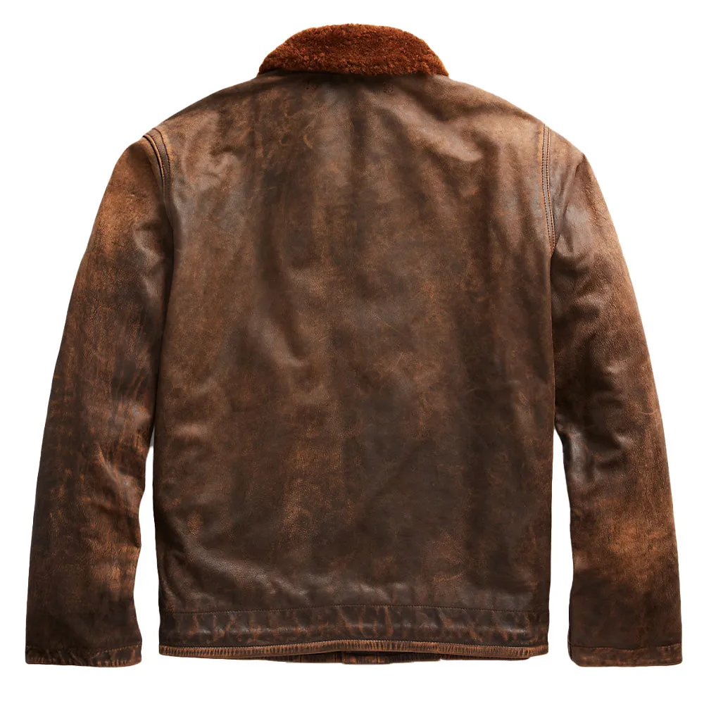 RRL by Ralph Lauren Shearling-Collar Leather Deck Jacket Brown