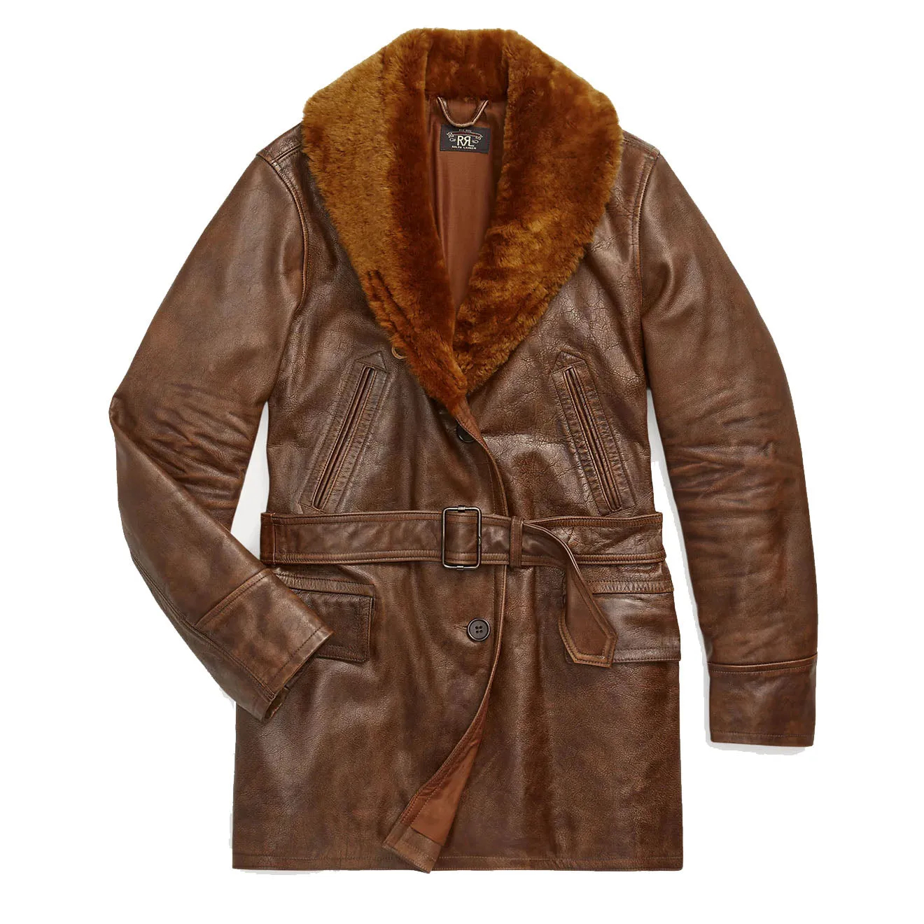 RRL by Ralph Lauren Womens Shearling-Collar Leather Jacket Caramel Brown