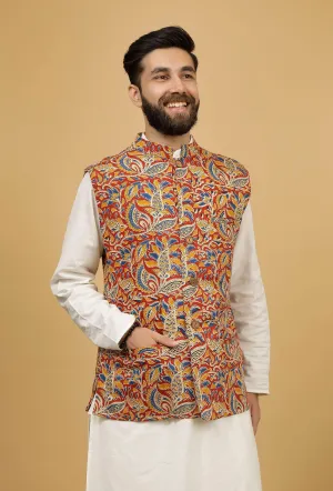 Scarlet Red and Yellow Floral Kalamkari Cotton Nehru Jacket