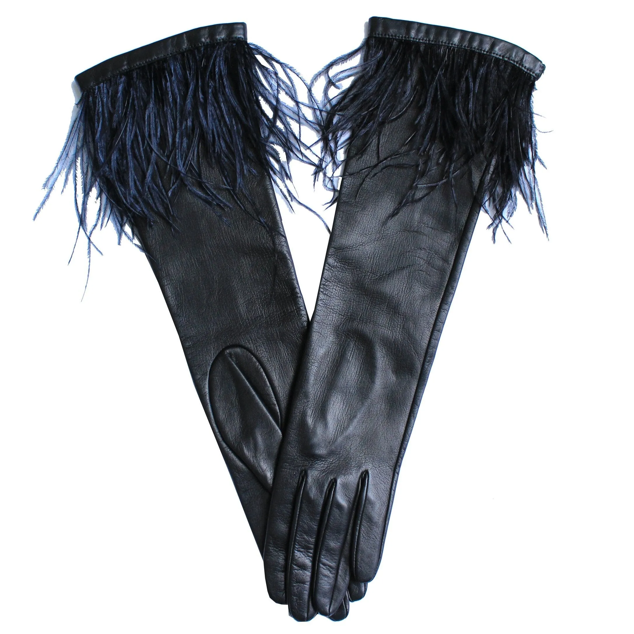 Simone 8BT - Women's Silk Lined Leather Gloves With Ostrich Feather Cuff