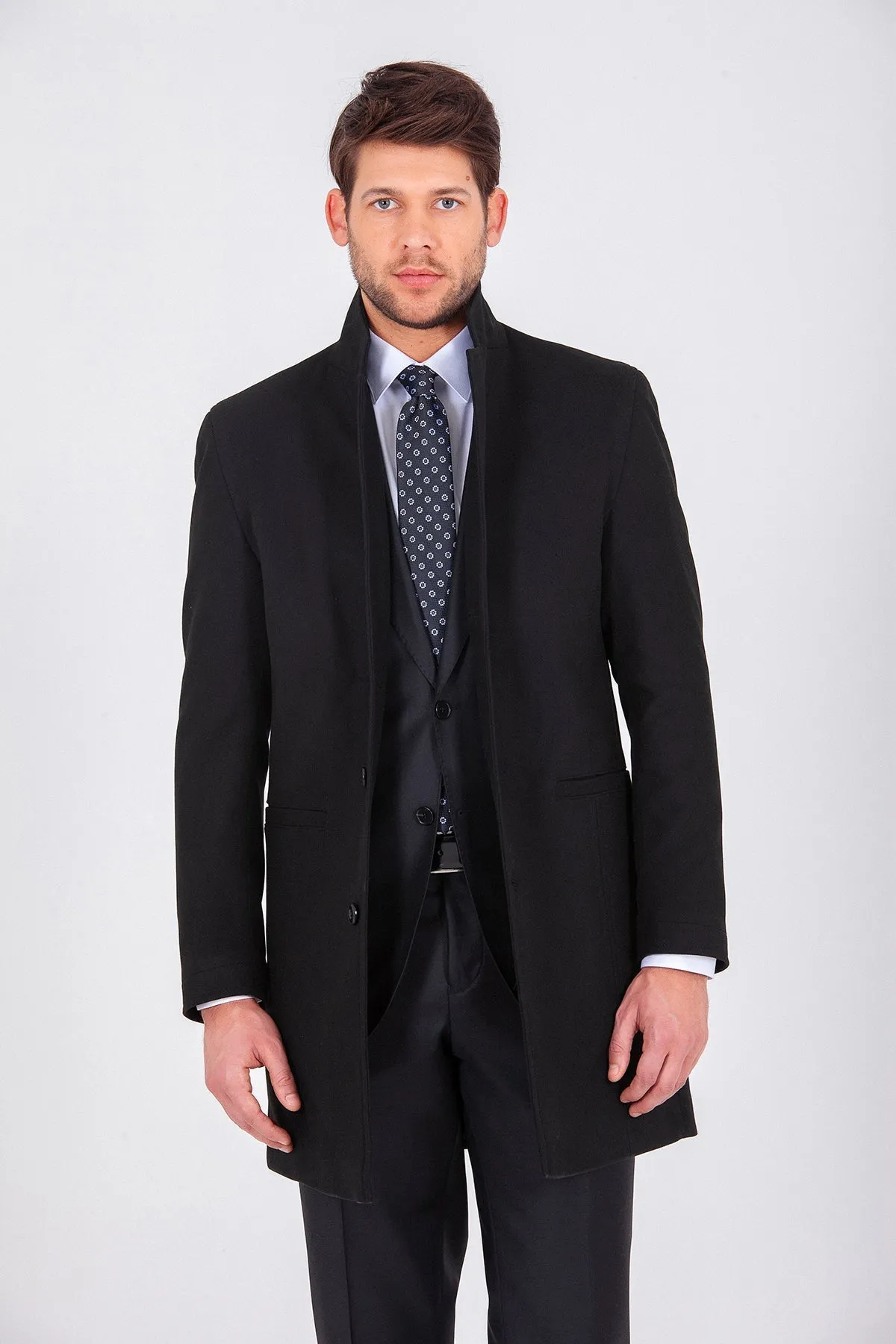 Slim Fit Cachet Madrid Notch Lapel Camel Overcoat, Black