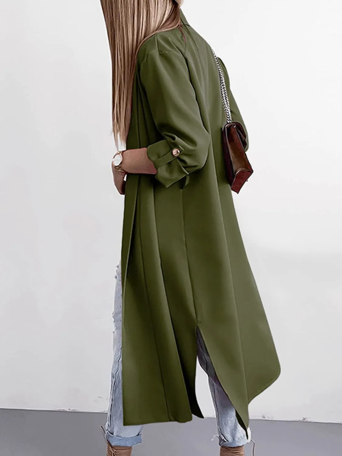 Slit Open Front Roll-Tab Sleeve Trench Coat