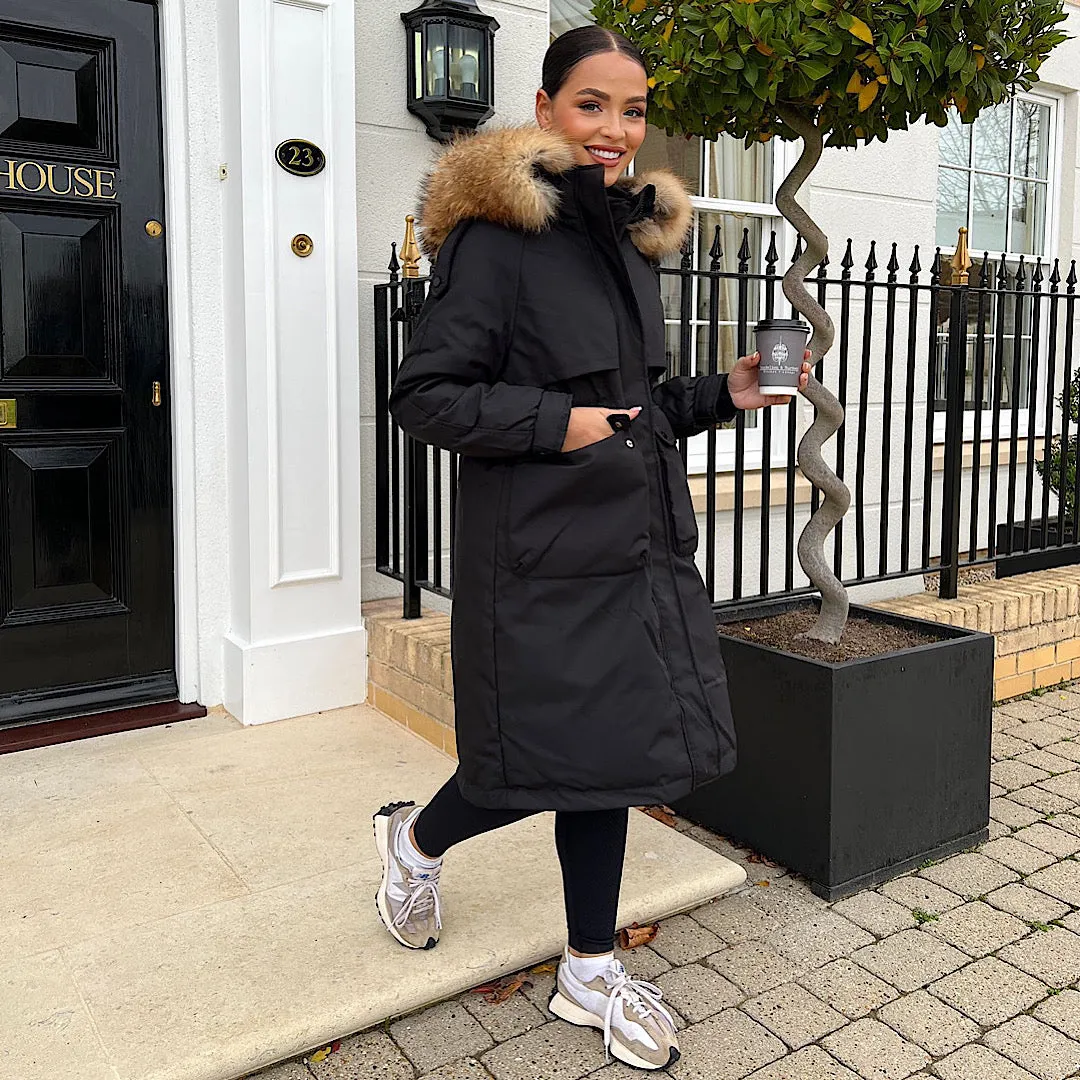 STORMI Black Waterproof Natural Real Fur Parker Coat