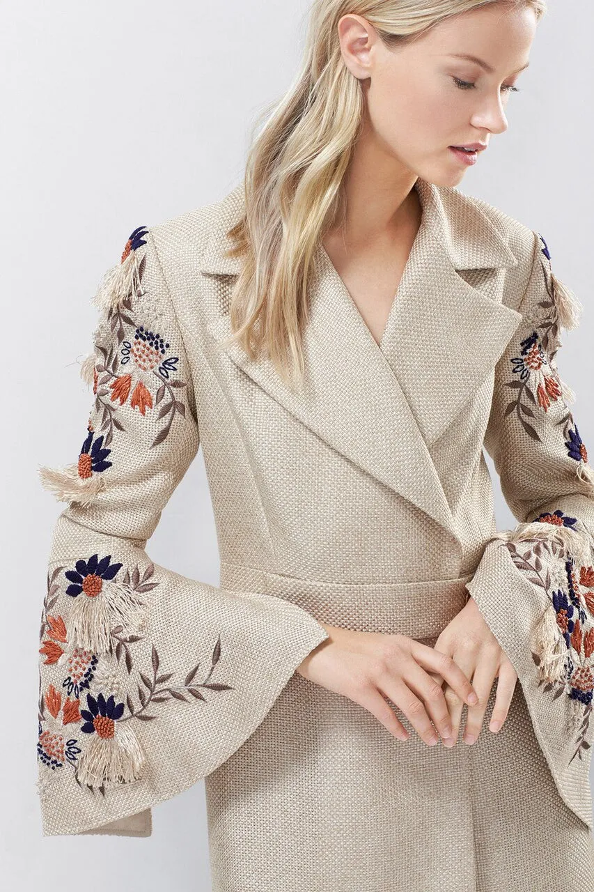 Straw Mixed Media Embroidered Trench Coat