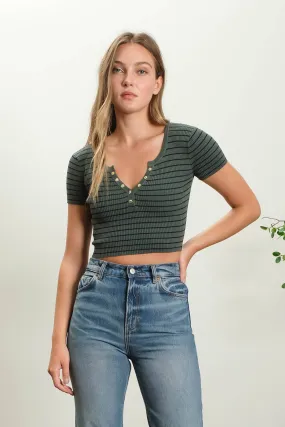 STRIPE HENLEY SHORT SLEEVE KNIT CROP TOP