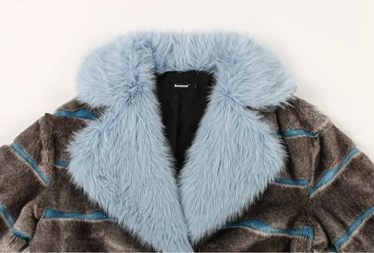 Striped Patchwork Faux Fur Lapel Collar Coat