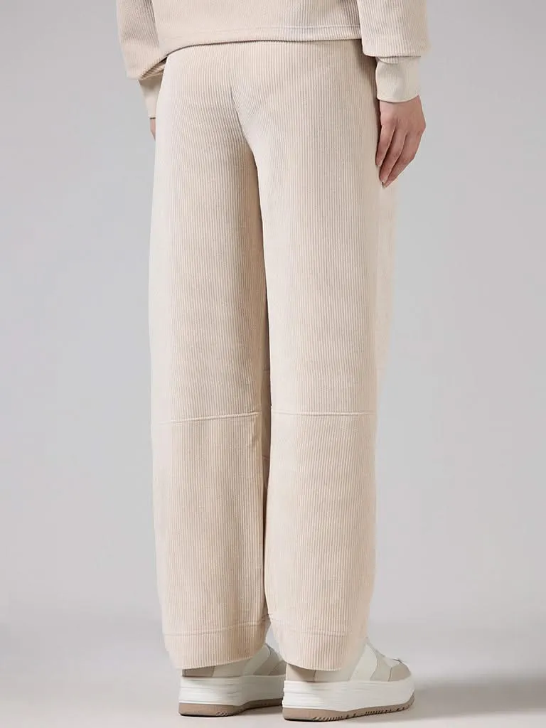 Studiofit Solid Beige High-Waisted Corduroy Joggers