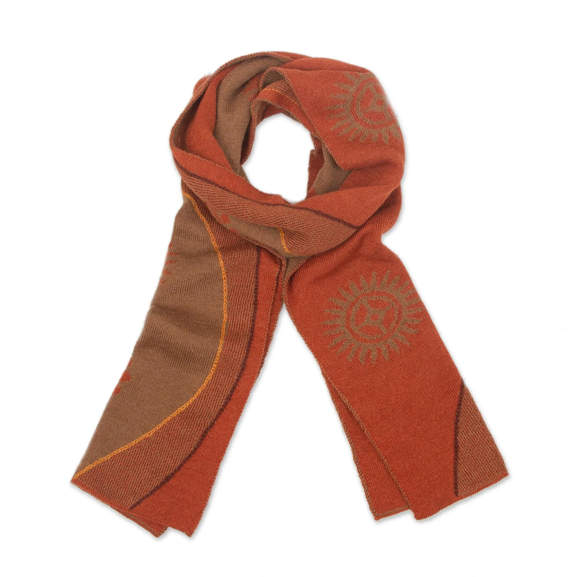 Sun Motif Sepia and Pumpkin Alpaca Blend Scarf from Peru - Pumpkin and Sepia Cosmovision | NOVICA