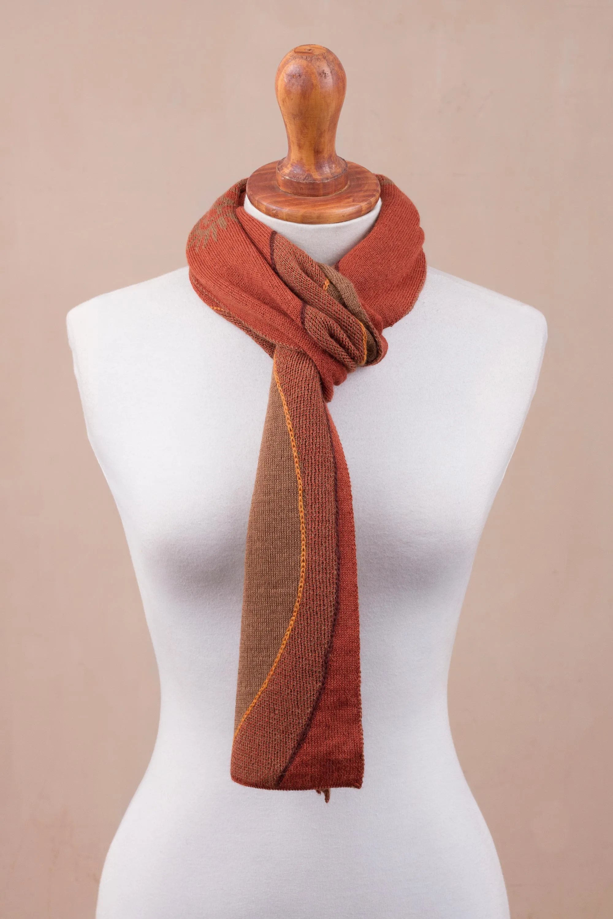 Sun Motif Sepia and Pumpkin Alpaca Blend Scarf from Peru - Pumpkin and Sepia Cosmovision | NOVICA