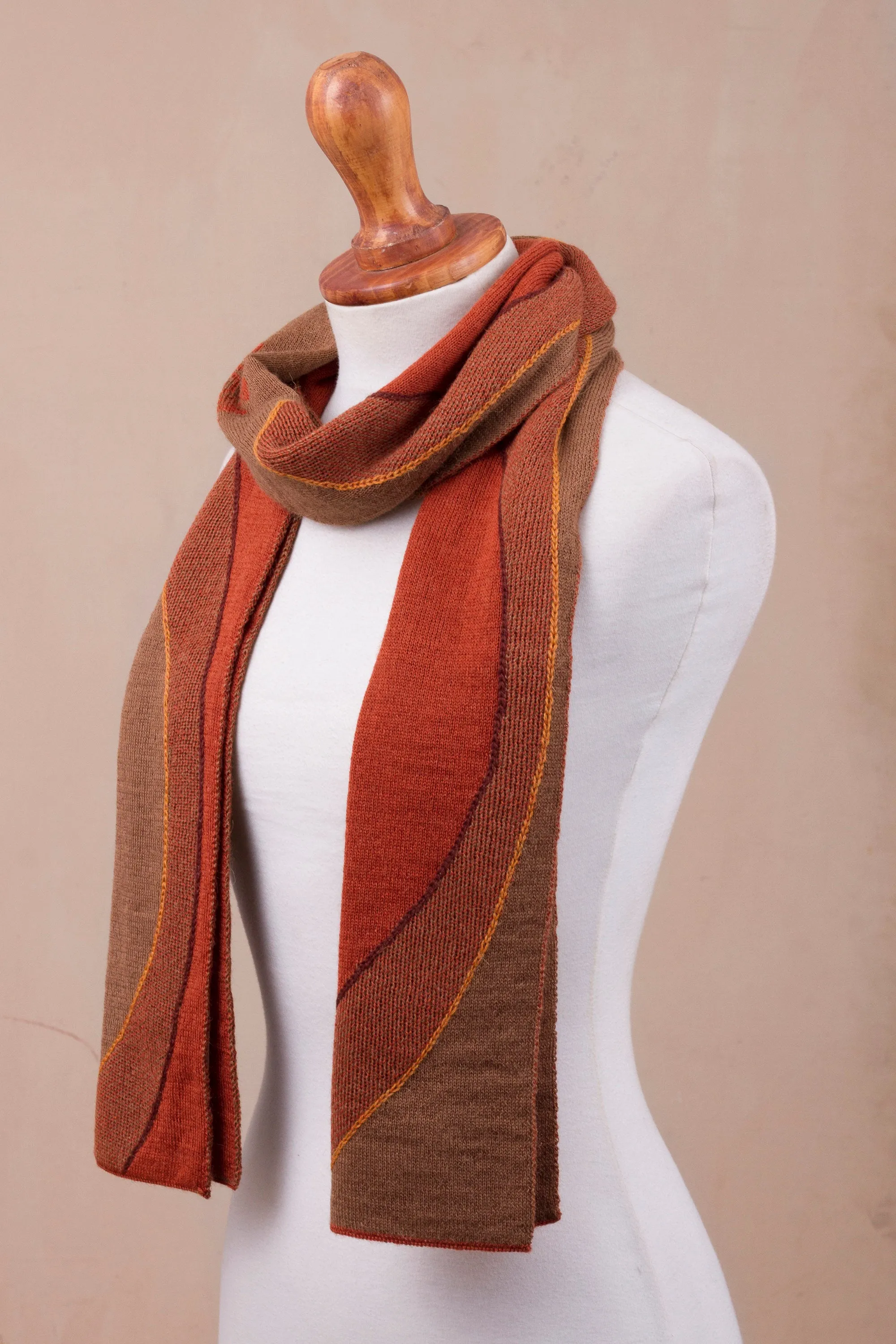 Sun Motif Sepia and Pumpkin Alpaca Blend Scarf from Peru - Pumpkin and Sepia Cosmovision | NOVICA