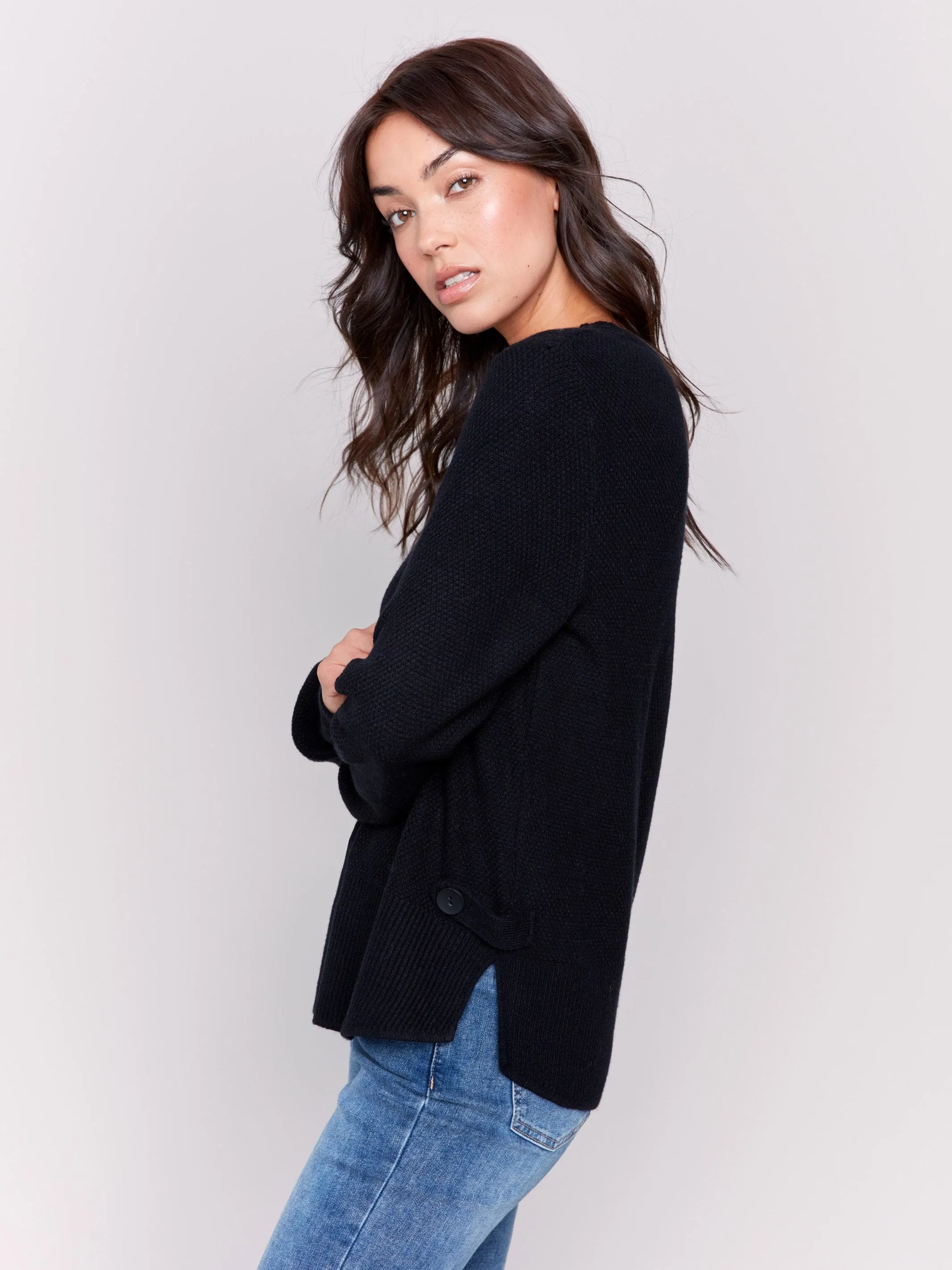 Sweater With Side Tab Detail - Black