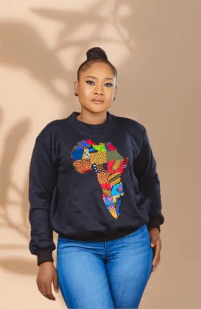 The Ada Map of Africa Ankara Crewneck Sweatshirt Jumper in Black