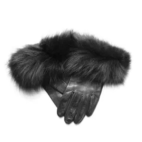 Veronique Huge Cuff Black - Women's Silk Lined Leather Gloves with Fur Cuff