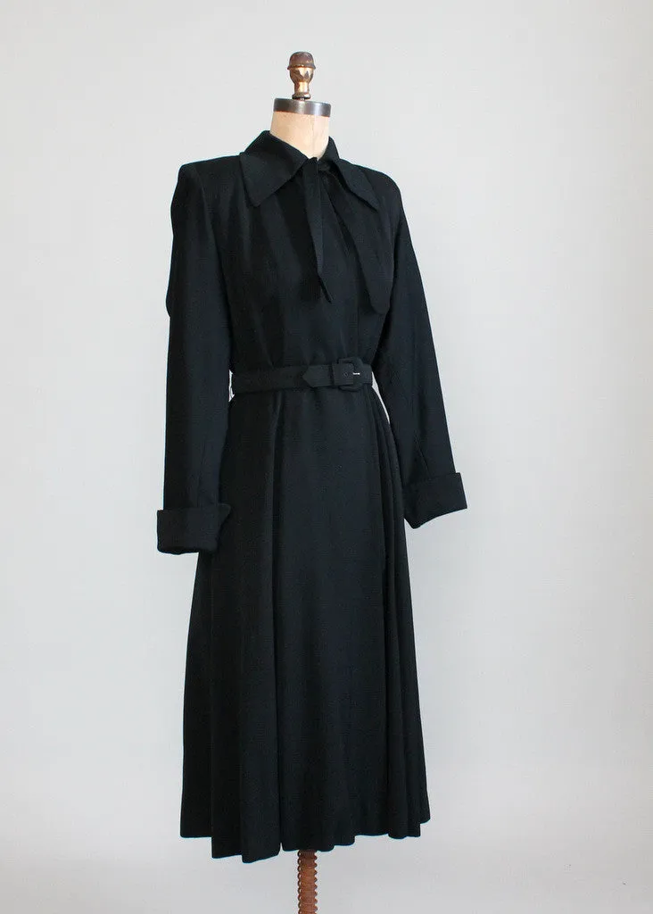 Vintage 1940s Black Wool Gabardine Princess Trench Coat