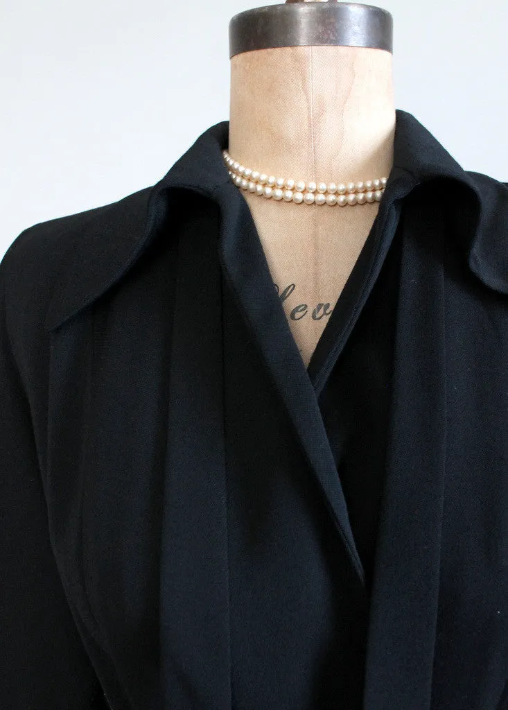 Vintage 1940s Black Wool Gabardine Princess Trench Coat