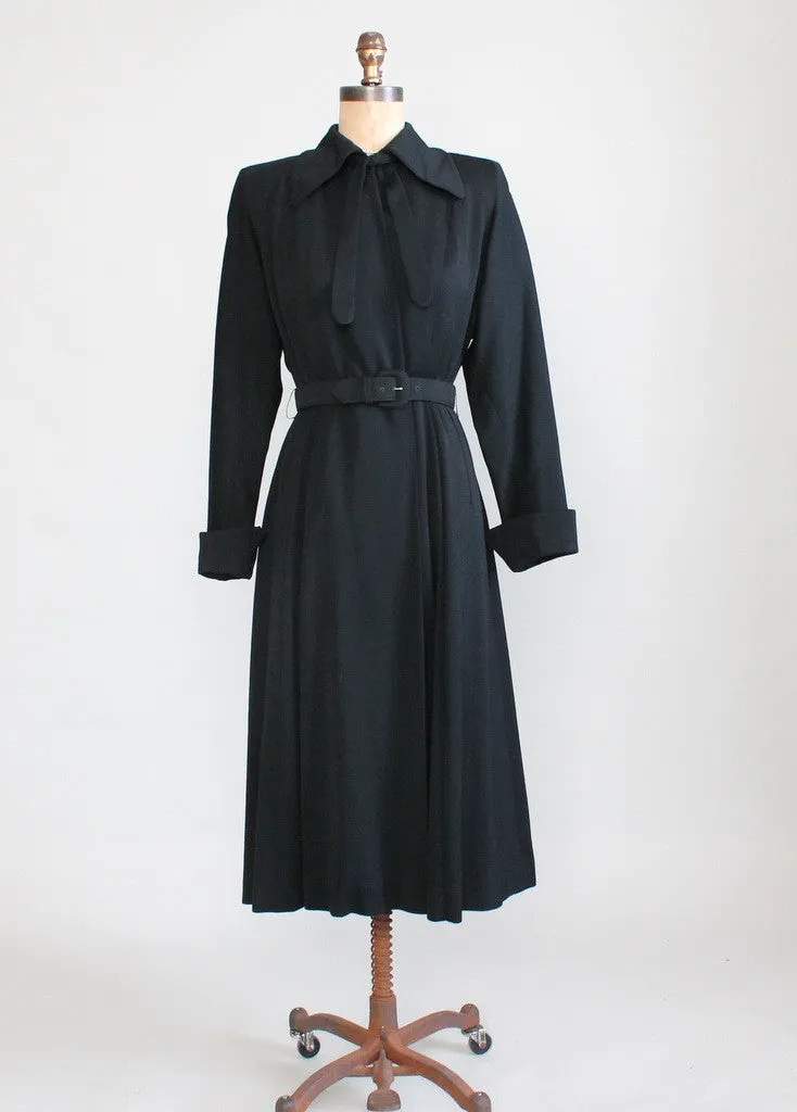 Vintage 1940s Black Wool Gabardine Princess Trench Coat